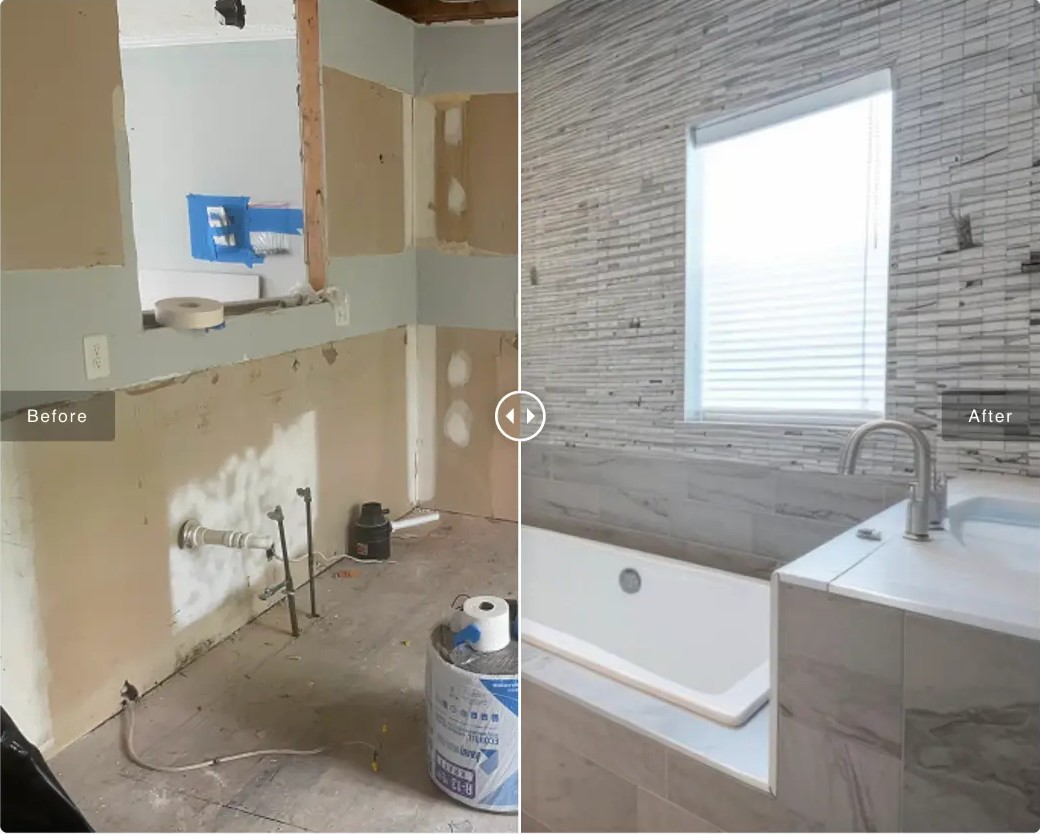Bathroom tile & vanity renovation — supplied before-and-after comparison