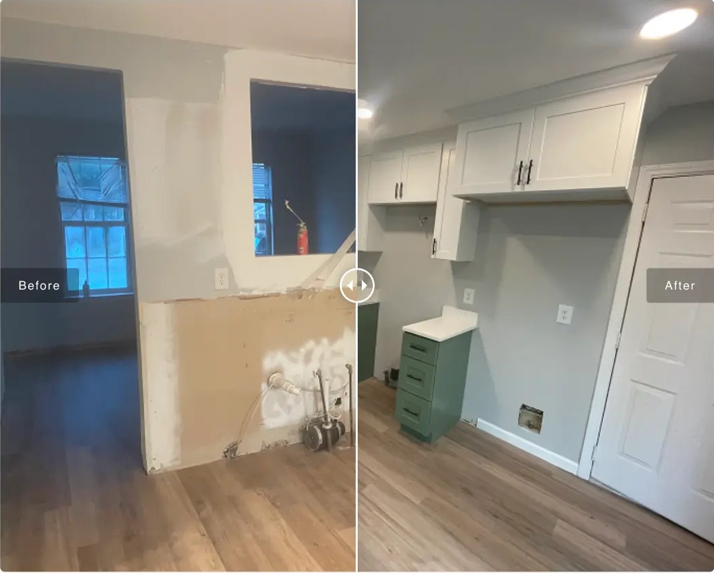 Custom cabinetry & interior finishes — supplied before-and-after comparison